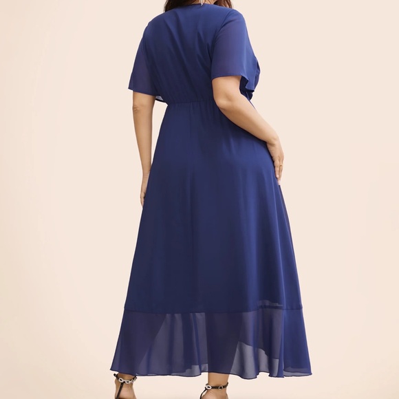 Dress 18/20 (2X)- Midi Blue Chiffon Wrap Inspired Ruffle V's Surplice Party Plus - Picture 3 of 5